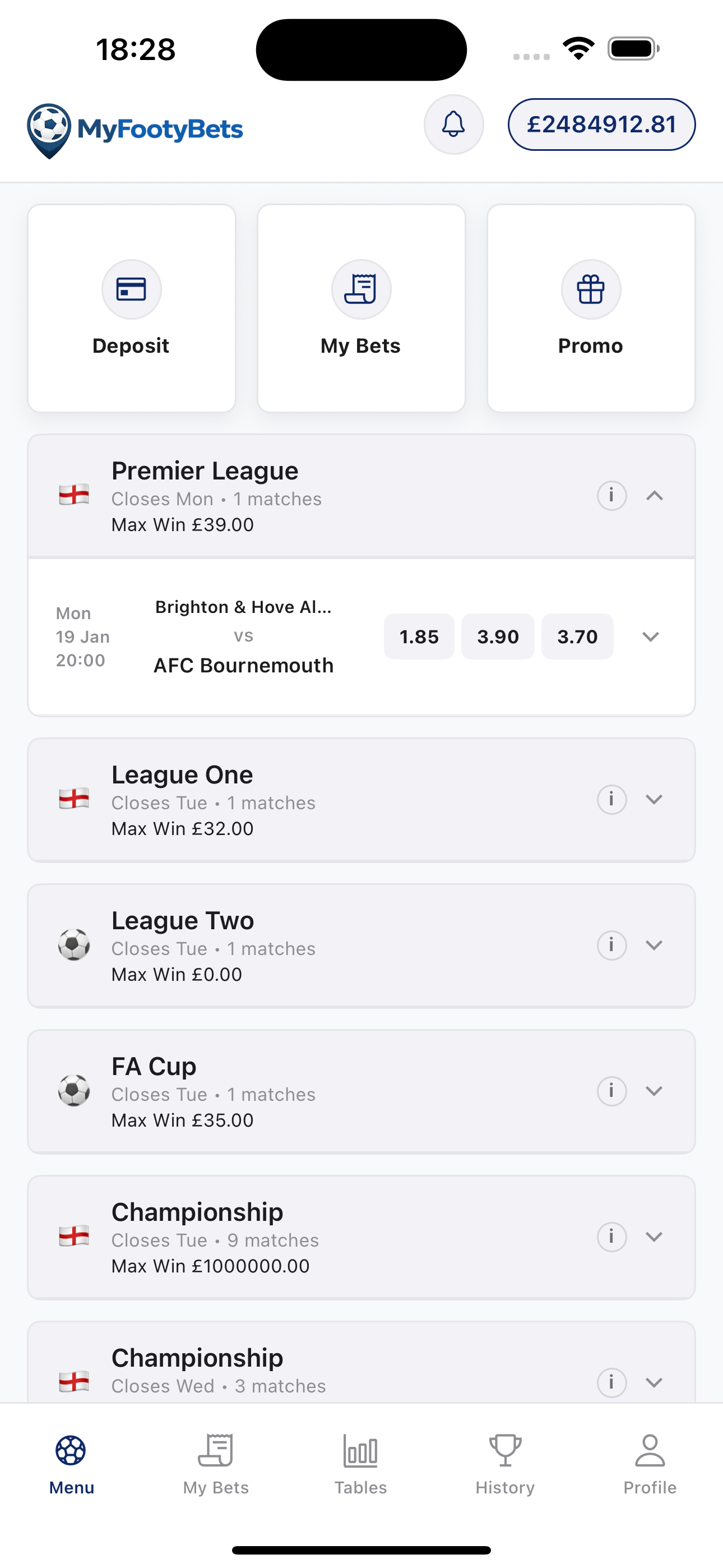 myfootybets app home screen